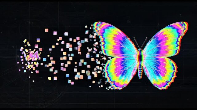 Abstract colorful butterfly transformation with pixel dispersion effect and neon light