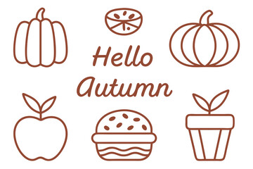 Outline autumn illustration with pumpkin, apple, pie, plant, and orange slice isolated on white background for coloring books