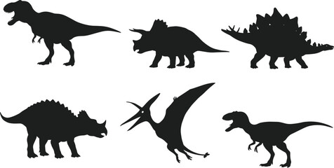 Silhouettes of dinosaurs including Tyrannosaurus Triceratops Pteranodon Stegosaurus and Velociraptor, prehistoric black vector illustration set for education design © Asad Creative