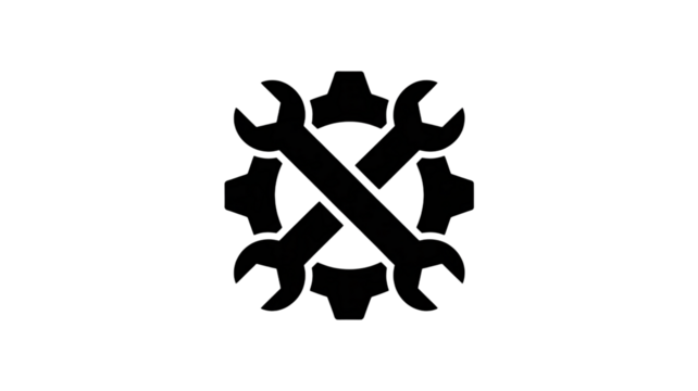 Monochrome gear and wrench with screwdriver service icon or symbol

