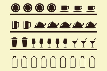 A collection of tableware and drinkware arranged on shelves, featuring plates, cups, teapots, glasses, and bottles