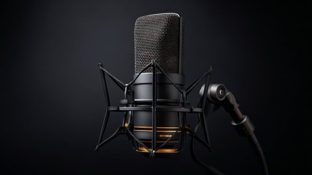 Close-Up Studio Condenser Microphone with Shock Mount on Boom Arm, Dark Background. AI generative