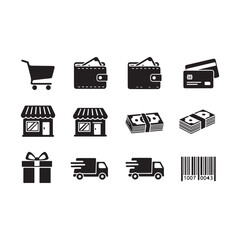 Black & White Shopping Icons Vector Set – Cart, Wallet, Bank Card, Store, Gift on white background.