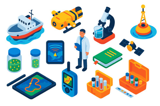 Marine Research Icons. Isometric vector illustration set Marine research: research vessel, underwater drone, scientist in lab coat