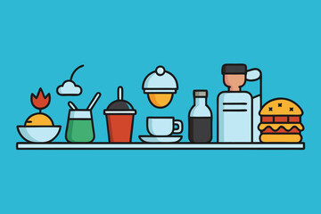 Various food and drink items arranged on a shelf, including a burger, coffee, juice, and dessert, vector illustration, flat design