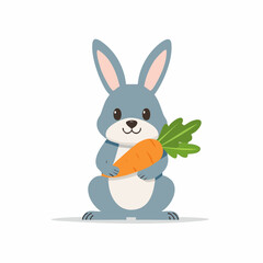 Obraz premium A cute gray rabbit happily holding a big orange carrot. This adorable cartoon bunny character is an isolated vector illustration perfect for various designs