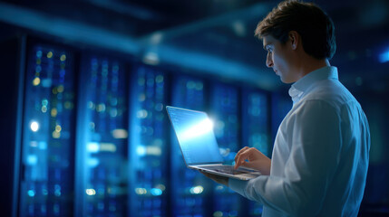 Focused individual working on laptop in data center, surrounded by server racks and blue lighting, showcasing modern technological environment