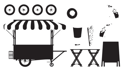 Whimsical black and white illustration of a charming food cart and accessories for a market stall.