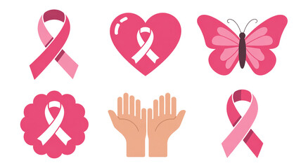 Set of pink ribbon icons for Breast Cancer Awareness and support