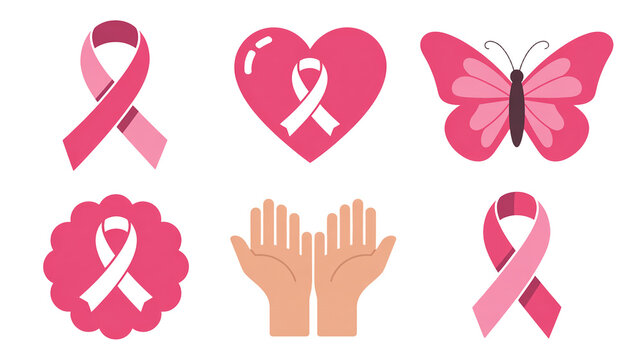 Set of pink ribbon icons for Breast Cancer Awareness and support

