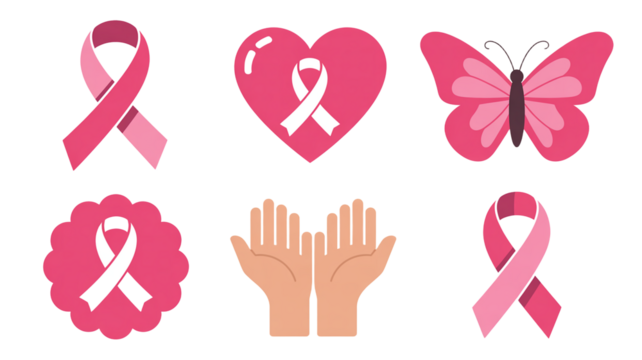 Set of pink ribbon icons for Breast Cancer Awareness and support

