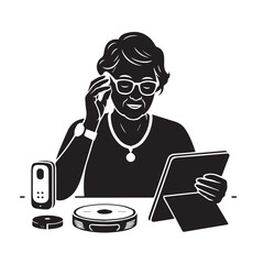 Vector art of silhouette of an elderly woman with glasses, talking on a phone, holding a tablet, with a smart speaker and charging dock, representing technology and communication