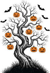 Spooky halloween tree with pumpkins and bats against a white background design