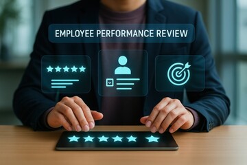 Conducting employee performance review office setting digital interface professional environment close-up view evaluation process