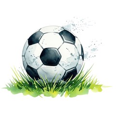 Fototapeta premium An artistic close-up captures the energy of a soccer ball in vibrant hues. A hand-painted aesthetic on fresh grass with a detailed sports illustration.