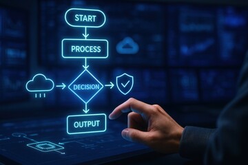 Decision-making process flowchart in cloud computing technology digital workspace visual diagram modern environment close-up view efficient workflow analysis