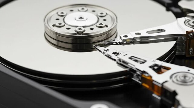 A hard drive is displayed showing its internal components like the platter and readwrite head