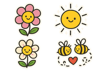 Fototapeta premium Springtime Doodle Delight. Playful doodle stickers: spring blossoms with faces, bees buzzing hearts, sunshine sparkling, doodle