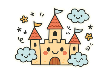 Playful Castle Stickers. Cheerful doodle stickers: castle with eyes, tiny flags waving, smiling clouds floating, playful doodle