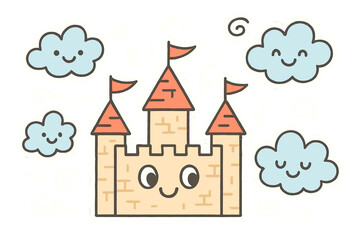 Playful Castle Stickers. Cheerful doodle stickers: castle with eyes, tiny flags waving, smiling clouds floating, playful doodle