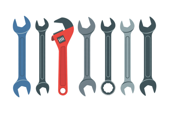 Set of various wrenches including one red adjustable tool illustration

