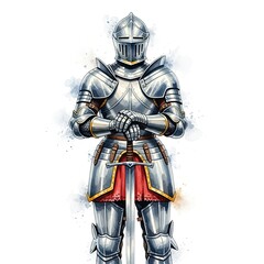 Naklejka premium A strong knight stands tall, a symbol of medieval valor, clad in gleaming steel armor. A testament to history.