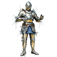 Naklejka premium A valiant knight, clad in gleaming plate armor, stands ready with his sword, a testament to medieval chivalry and courage. This illustration captures the essence of a heroic figure ready for battle.