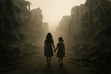Fototapeta premium Fictional city ruins with two young girls walking through dust as distant vehicles loom