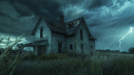 Abandoned House Facing Stormy Night Dark Cinematic Horror Mood