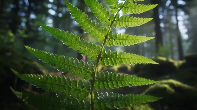 Backlit fern unfurling in a magical forest