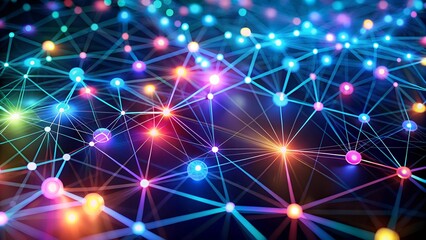 Obraz premium Abstract network of glowing nodes and connecting lines in vibrant neon colors, representing data, technology, and connectivity in a digital universe