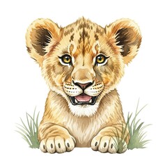 Obraz premium A captivating watercolor illustration of a playful lion cub peering out with endearing charm. showcasing the adorable innocence and majestic essence of the animal kingdom.