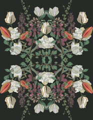Vintage style flowers and leaves, seamless pattern on brown background	