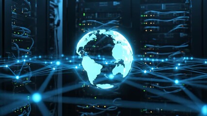 A glowing globe floats in a server room as the globe connects to blue network lines. The globe highlights digital connections surrounded by server racks in the server room. - Powered by Adobe