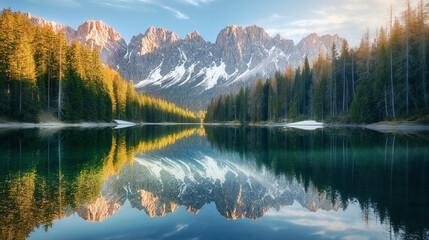 Majestic Mountain Range Reflected in Crystal Clear Alpine Lake 