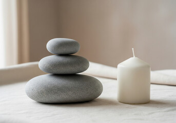 Fototapeta premium Serene stacked stones and a lit candle evoke calm and balance in a peaceful setting.