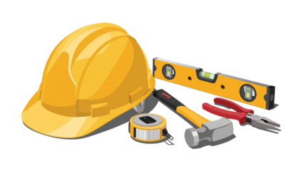 Construction and DIY tools set with hard hat, hammer, and level