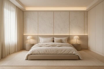 Luxurious marble accented bedroom with centerpiece bed in soft ivory taupe and warm beige
