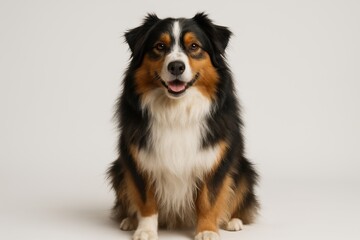 Australian Shepherd dog sitting on white background attentive pose fluffy tri color coat