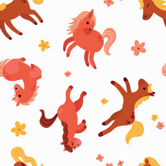 Seamless Pattern with Horses and Flowers. Design for fabric, textile, wallpaper, packaging	