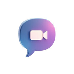 Fototapeta premium Digital illustration presents a vibrant, three-dimensional speech bubble icon with a video camera symbol at its center, featuring a gradient of blue and purple against a stark black background,...
