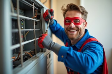 Superhero Technician Smiling and Repairing Air Conditioner With Screwdriver in Photo