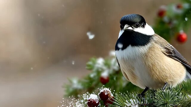 A beautiful bird sits on a snowy branch surrounded by vibrant berries in a winter setting. Nature's beauty shines in this chilly scene