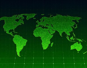 Global digital map, glowing green code