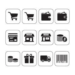 Black & White Shopping Icons Vector Set – Cart, Wallet, Bank Card, Store, Gift on white background.