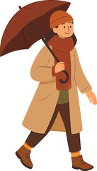 A person in a beige coat, orange hat, and scarf walks with an umbrella, dressed warmly for a rainy autumn day.
