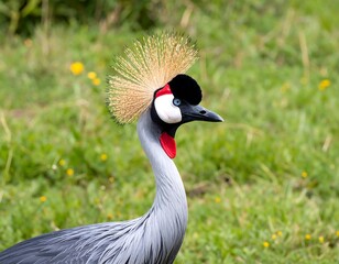 Fototapeta premium Grey bird with striking crest and red throat in grassy field