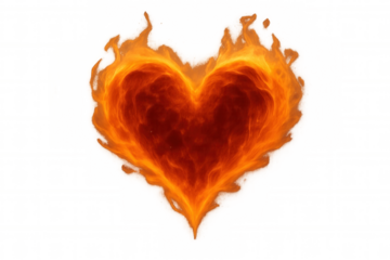 Heart burning with fire and flames symbolizing passionate love, desire, and strong emotion on transparent background