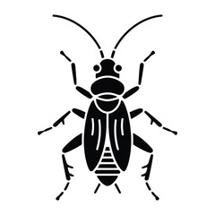 Stylized black silhouette of a beetle with segmented body and long antennae