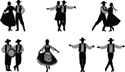 Traditional folk dancers in cultural costumes performing group dance silhouettes with hats, skirts, vests, sashes, celebration festival rhythm movement vector illustration